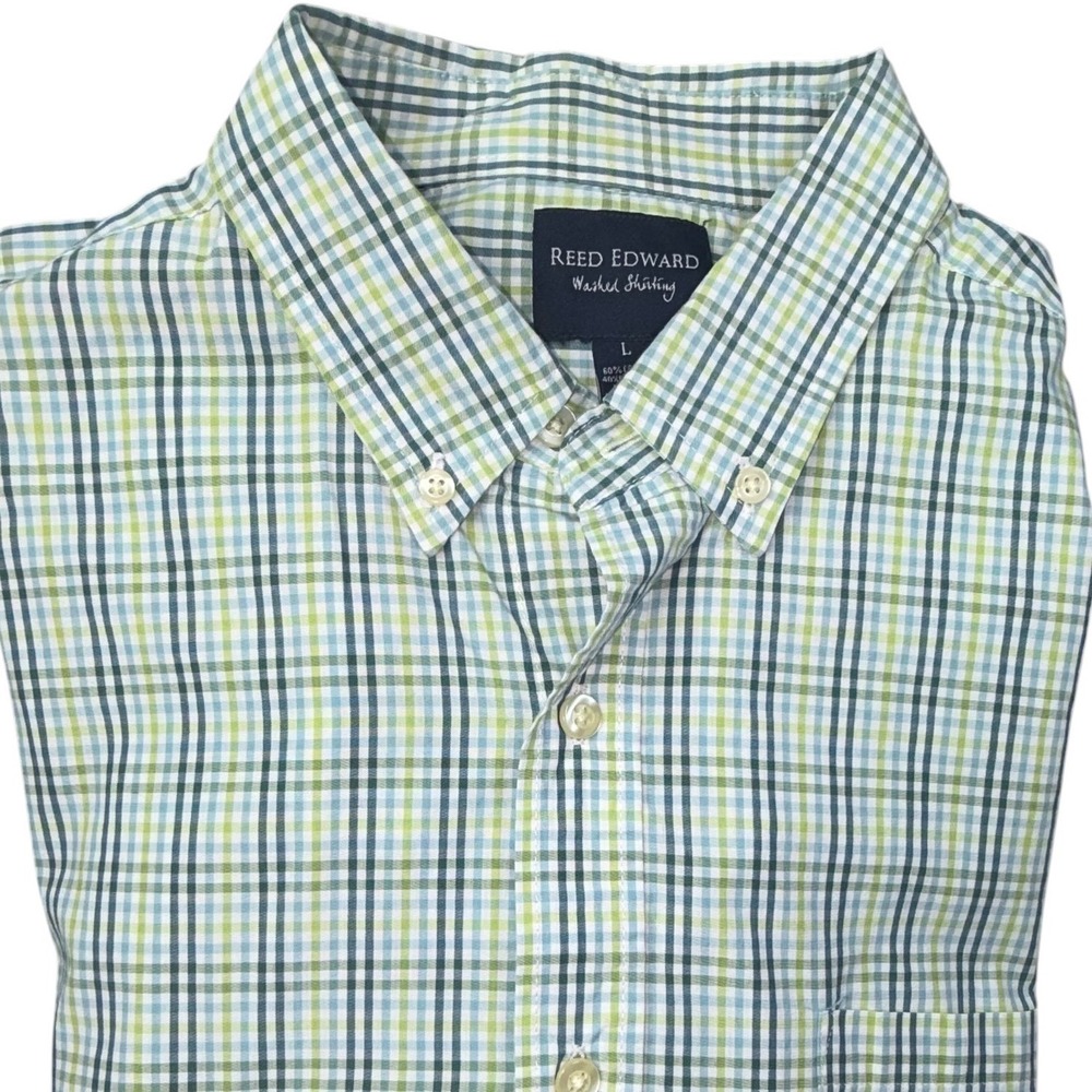 Reed Edward Button Down Shirt Large Green Blue Plaid Long Sleeve Washed Shirting